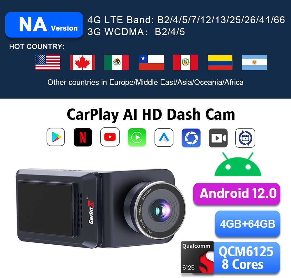 CarlinKit Android 12 CarPlay Ai Box Plus, 4 GB+64 GB, Snapdragon QCM  6125,Support Wireless CarPlay/Wireless Android Auto, Google Play Store,  Netflix