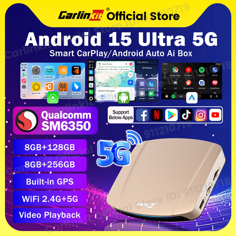Carlinkit 5G Android 15 AI Box Ultra 8+256G Wireless Carplay Car Streaming Box Android Auto Wireless Adapter Qualcomm SM6350 Support Youtube/Netflix