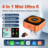 CarlinKit Mini Ultra 6 4-In-1 Wireless Screen Mirror Wireless CarPlay Android Auto Adapter Auto-Connect Mirror Phone Play Video