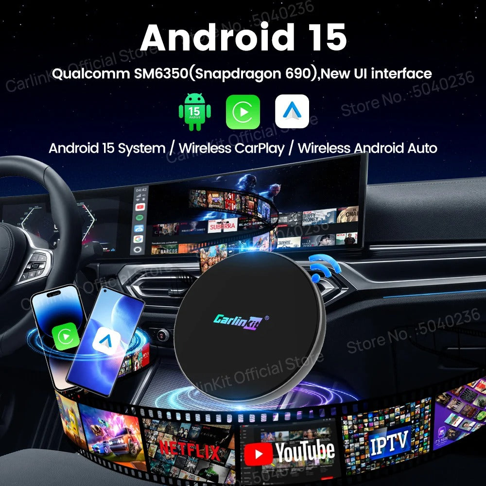 CarlinKit Ultra 4 Android 15 TV Box Wireless Android Auto CarPlay Ai Box For YouTube Play Store Support 5G/4G LTE SIM 512GB SD Card