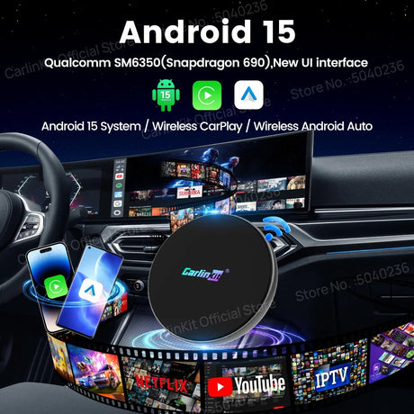 CarlinKit Ultra 4 Android 15 TV Box Wireless Android Auto CarPlay Ai Box For YouTube Play Store Support 5G/4G LTE SIM 512GB SD Card
