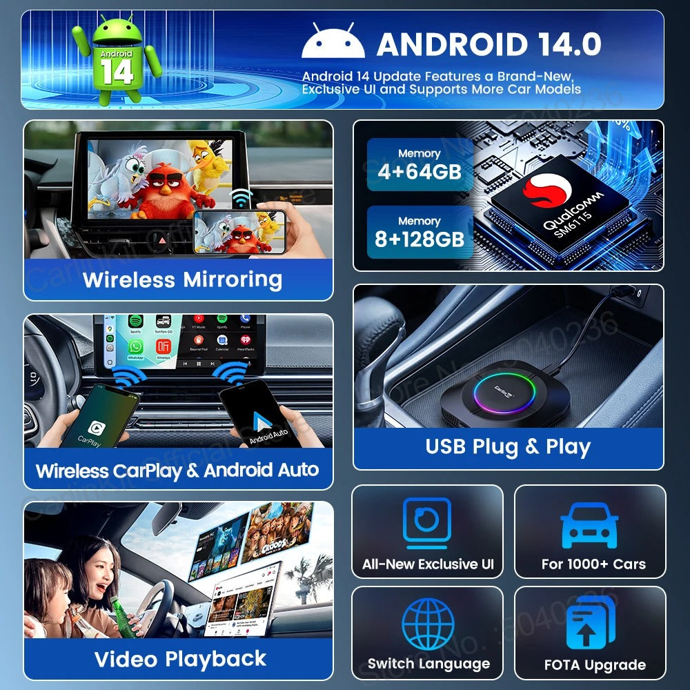 CarlinKit 4-In-1 Android 14 CarPlay AI Box Screen Mirroring Wireless Android Auto Adapter For Netflix IPTV GPS 4G LTE FOTA Update
