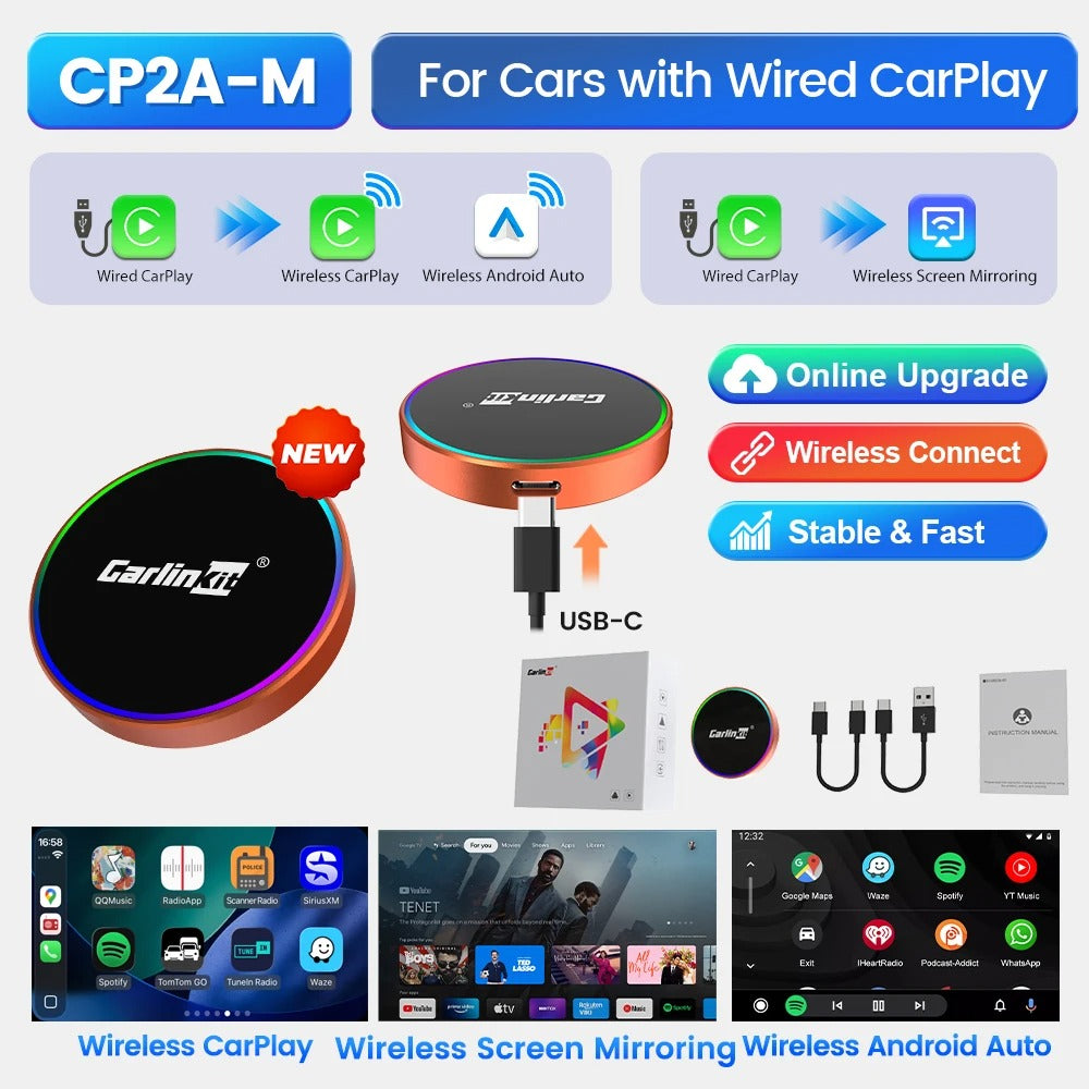 CarlinKit CP2A-M Wireless Screen Mirroring Android Auto CarPlay Adapter Online Upgrade WiFi 6 BLE5.4 Auto-Connect Smart AI Box