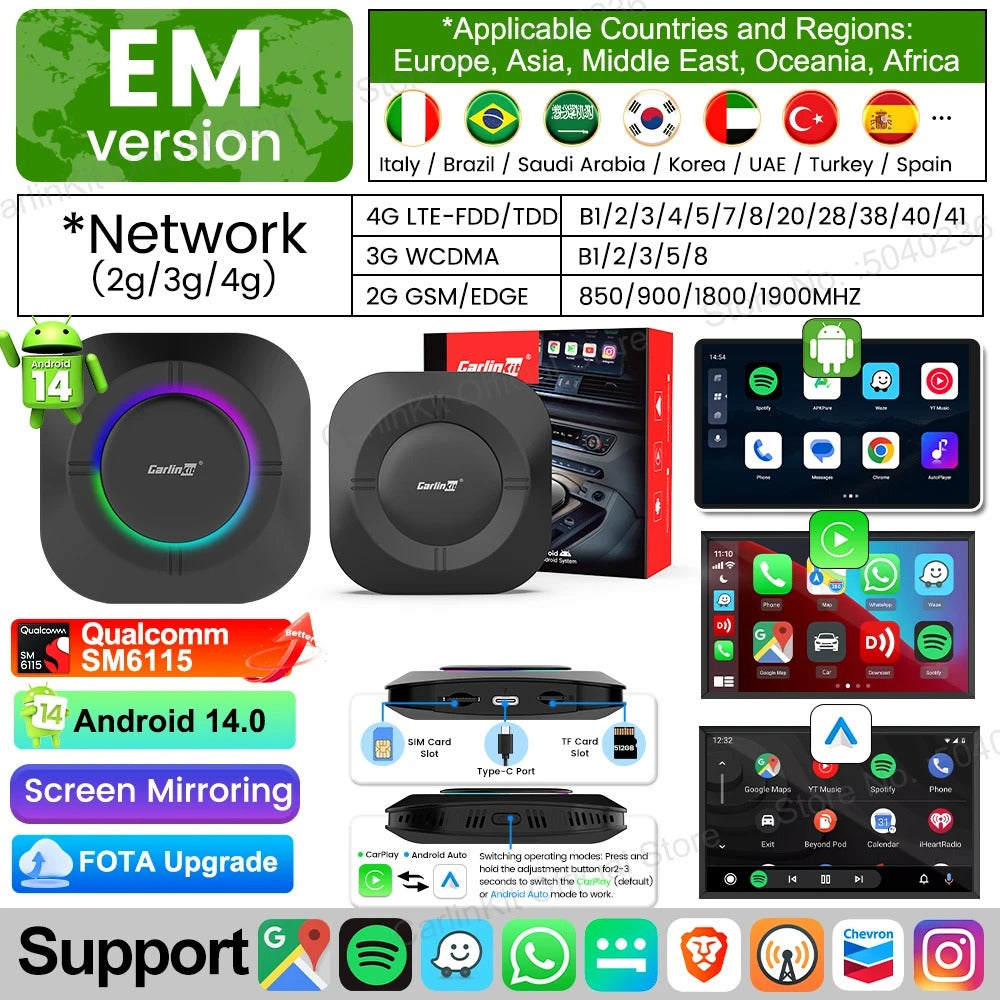 CarlinKit 4-In-1 Android 14 CarPlay AI Box Screen Mirroring Wireless Android Auto Adapter For Netflix IPTV GPS 4G LTE FOTA Update