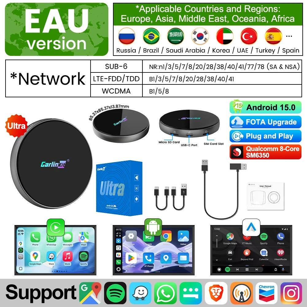 CarlinKit Ultra 4 Android 15 TV Box Wireless Android Auto CarPlay Ai Box For YouTube Play Store Support 5G/4G LTE SIM 512GB SD Card